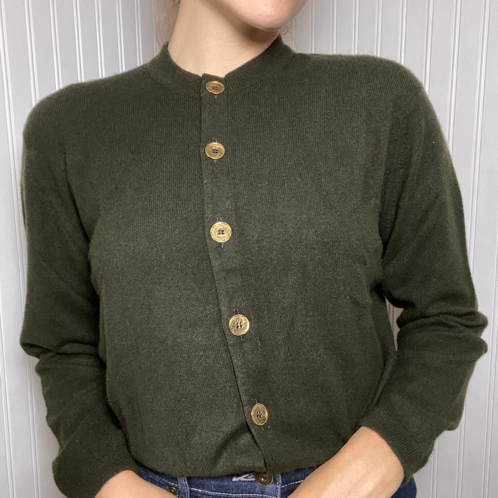 VTG 70s Ballantyne Pure Cashmere Green Classic Women's Cardigan Made in Scotland